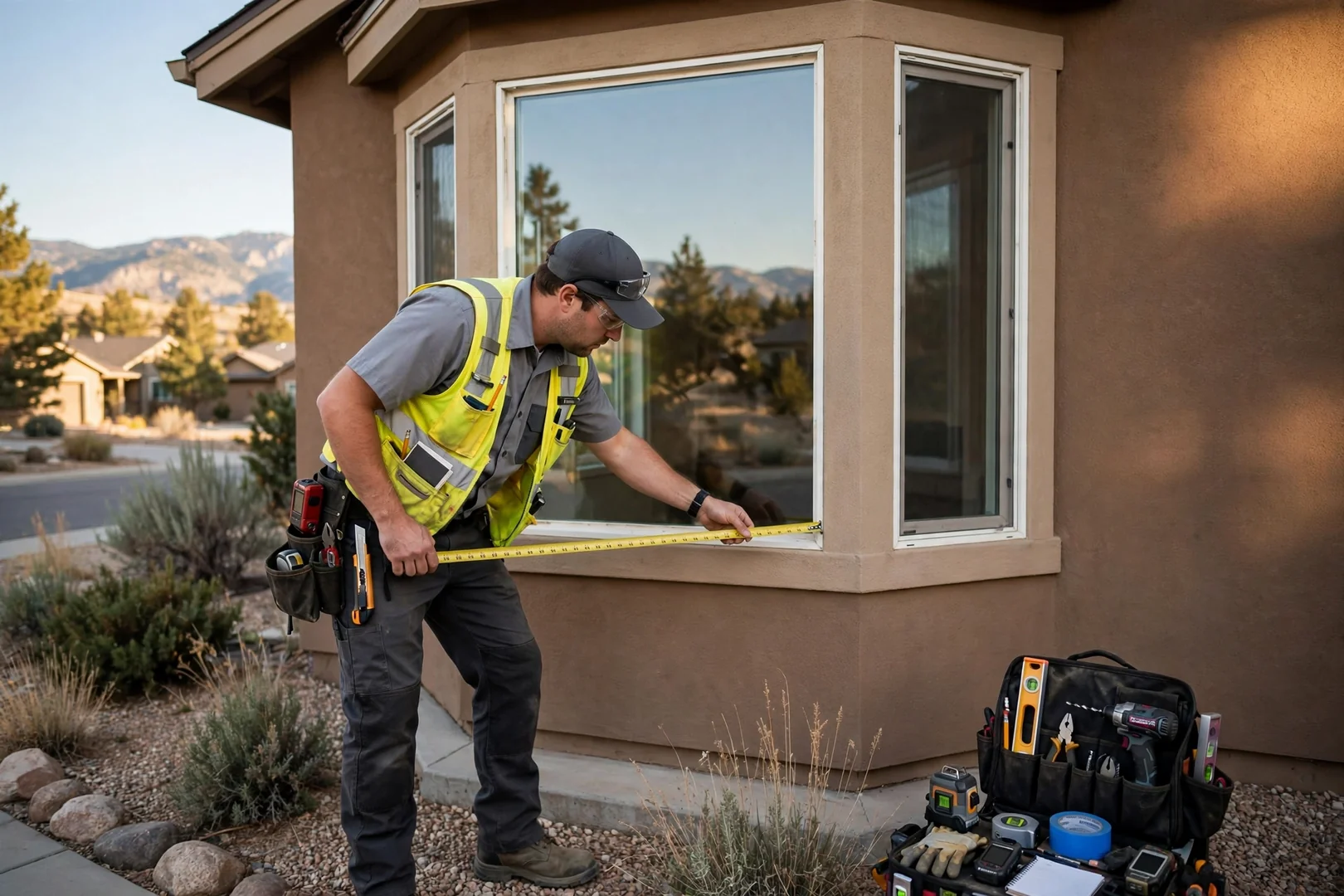 Technician recording opening measurements for a bay window quote on a Sandy home
