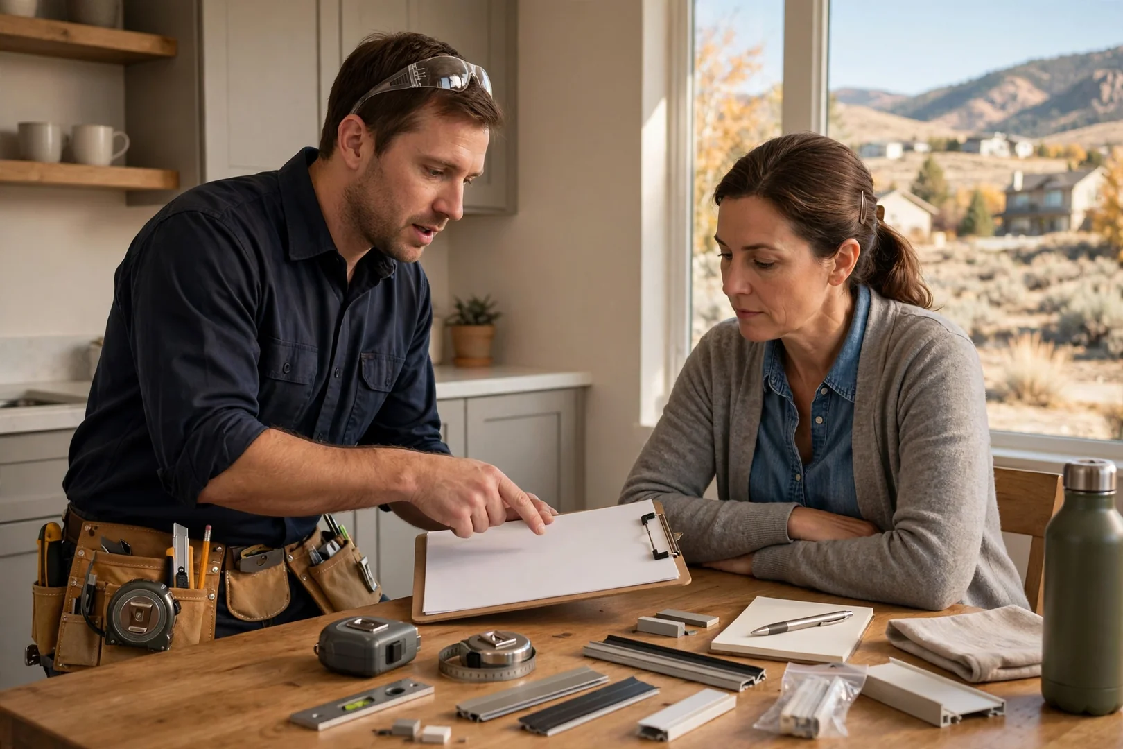 Written window replacement estimate reviewed with a homeowner at the kitchen table