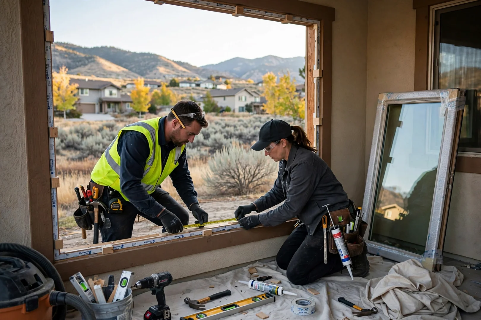 Installer measuring a bay window opening during a homeowner estimate visit in Sandy