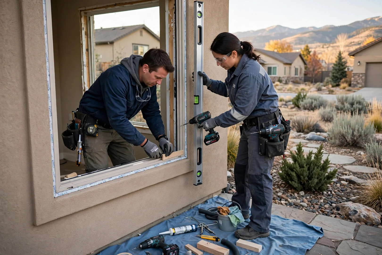 Installer shimming a new angled bay window unit in a Sandy home living room