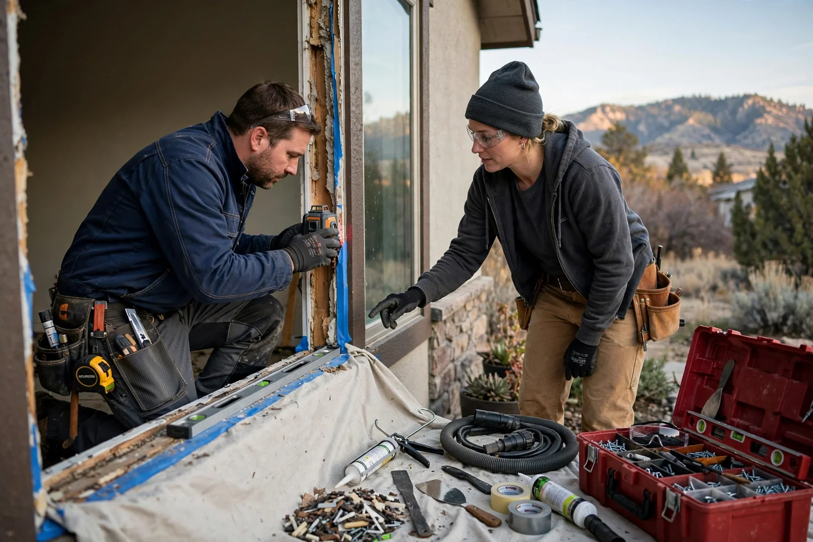 Installer setting a new bay window unit into a leveled opening
