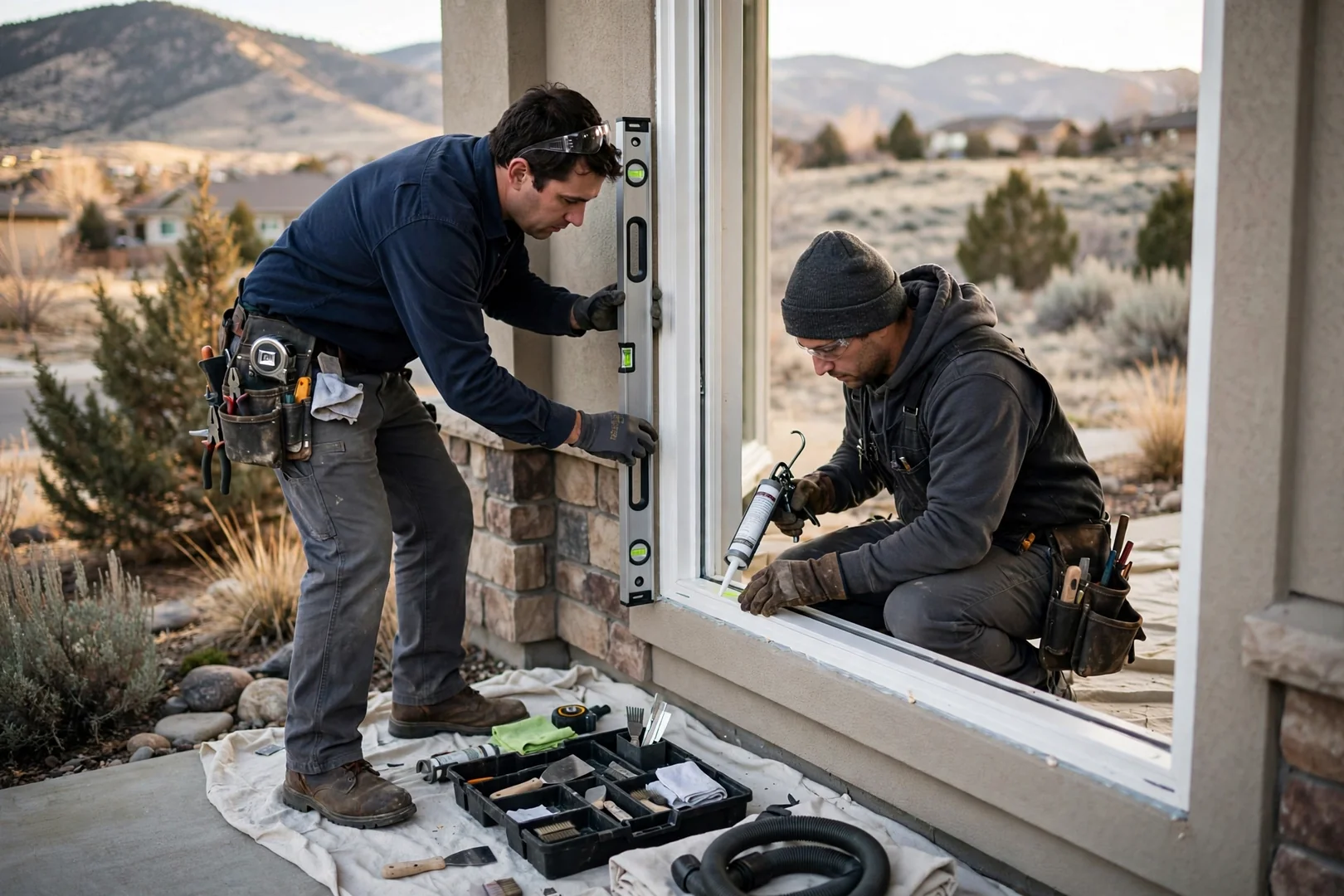 Technician checking casement sash operation after bay install