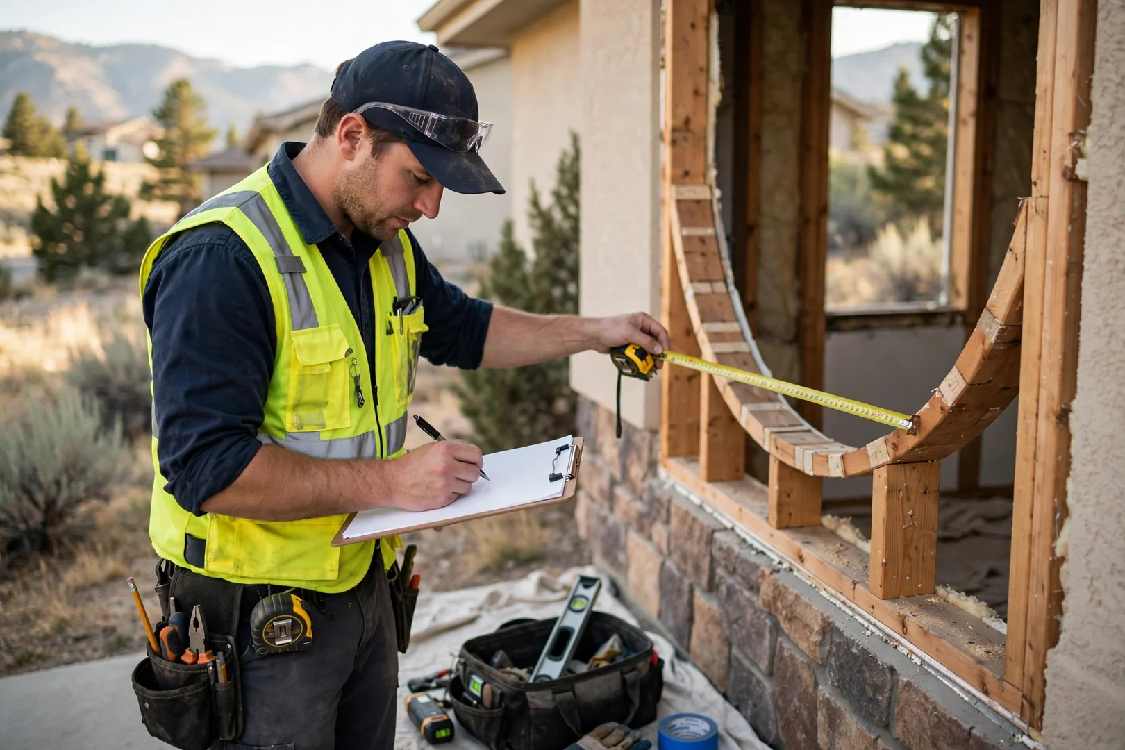Technician recording bow window opening measurements on a clipboard during a cost assessment
