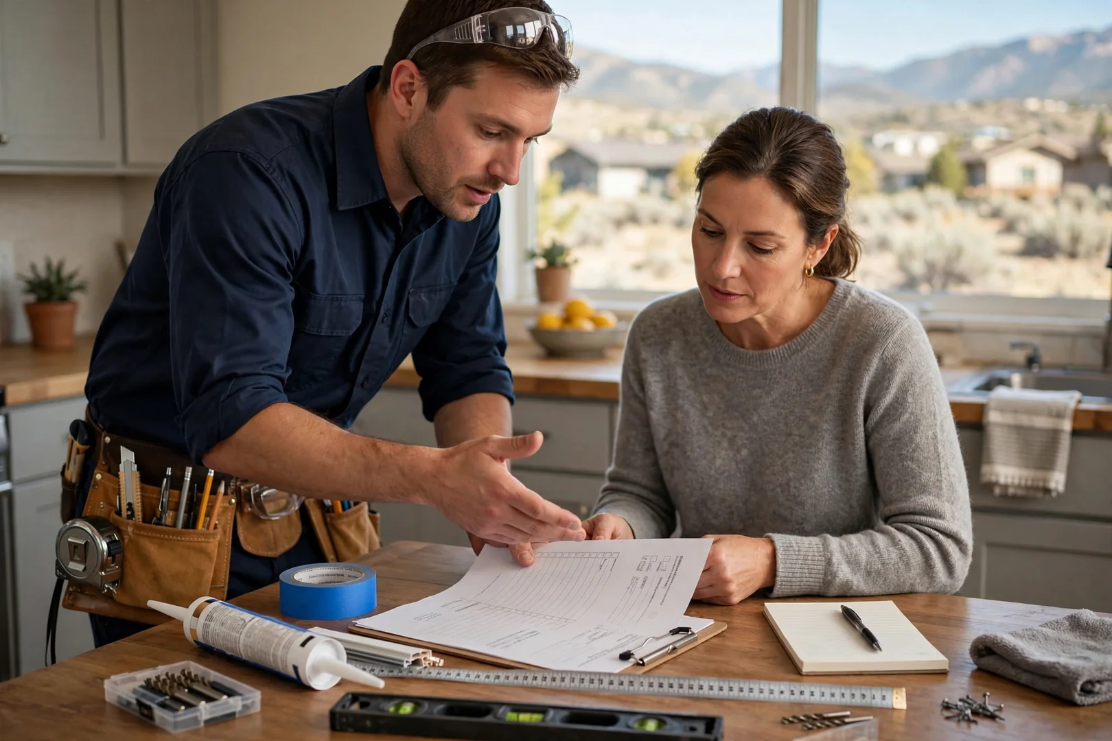 Itemized written window replacement estimate reviewed with a homeowner at a kitchen table