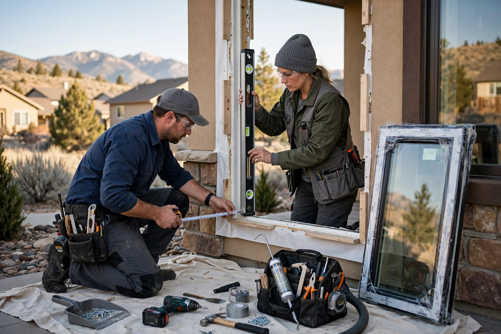 Installer shimming a new bow window assembly into a prepared opening