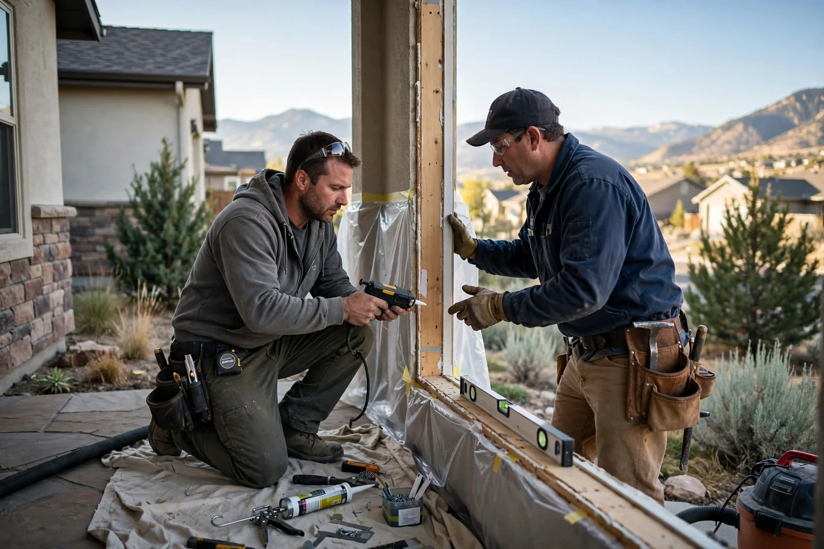 Technician measuring curved window sash angles with a level