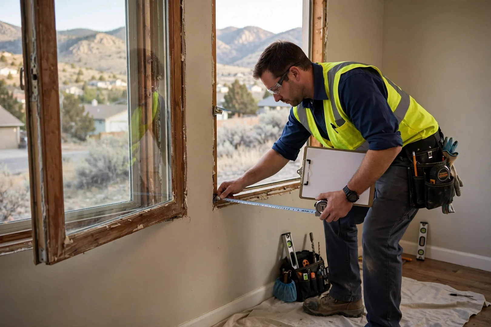 Technician measuring a casement window opening to prepare an itemized written estimate