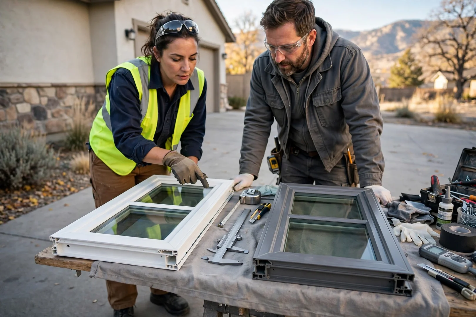 Comparison of vinyl and fiberglass casement frame samples with low-E glazing units