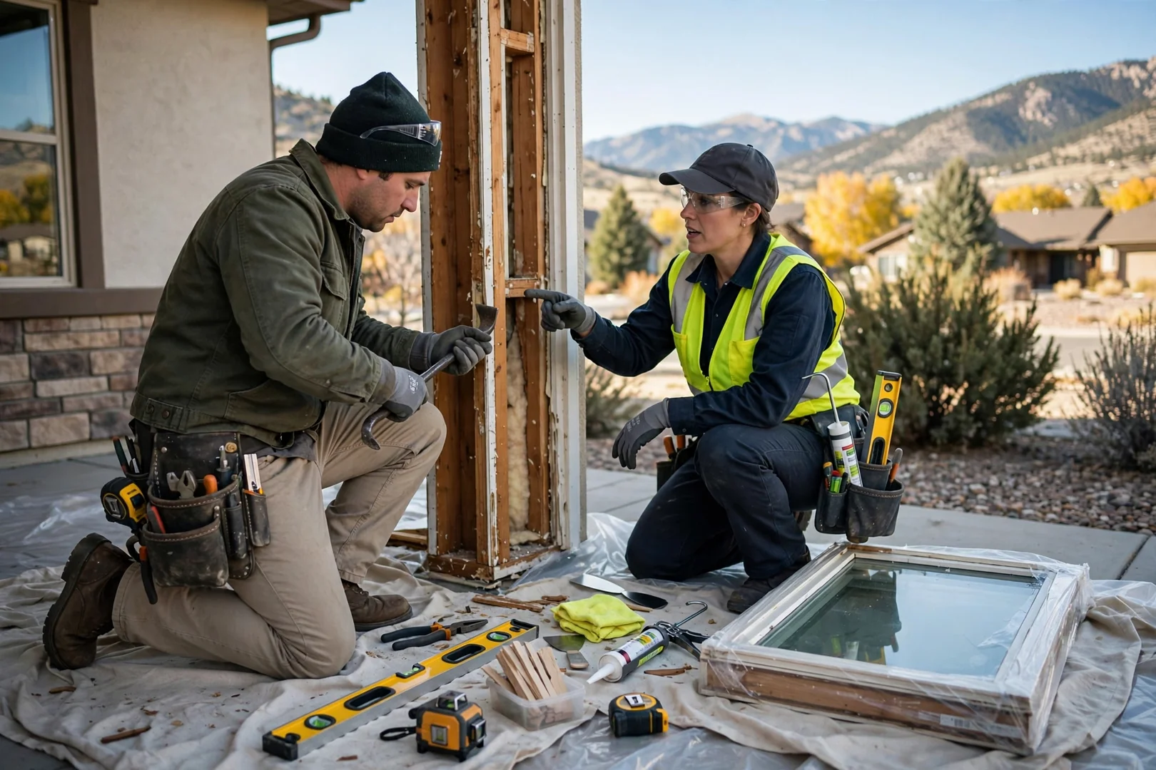 Installer shimming a new casement window frame plumb in a Sandy home opening