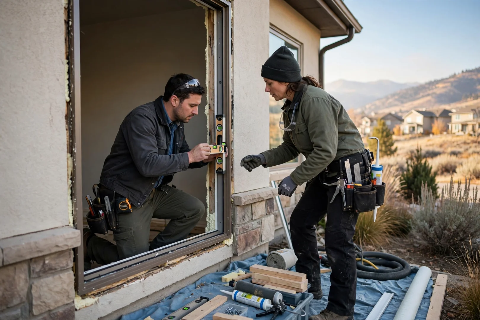 Installer checking plumb on a new casement window frame in Sandy