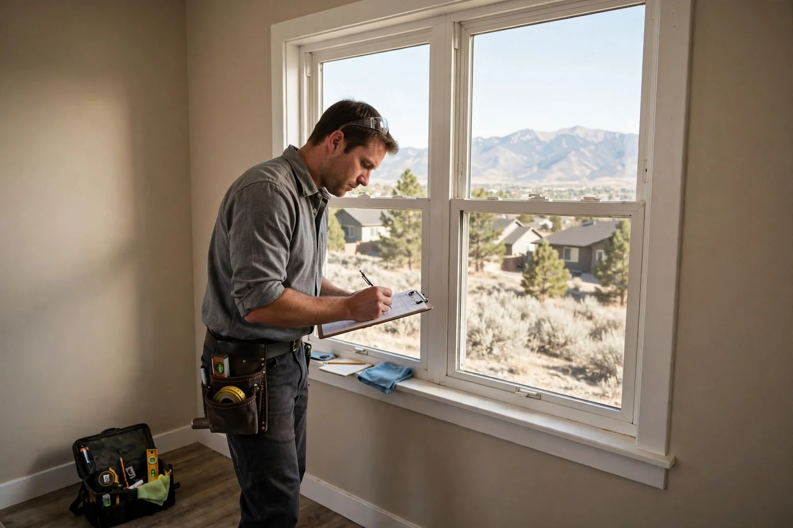 Estimator recording double hung window measurements on a clipboard inside a Sandy home