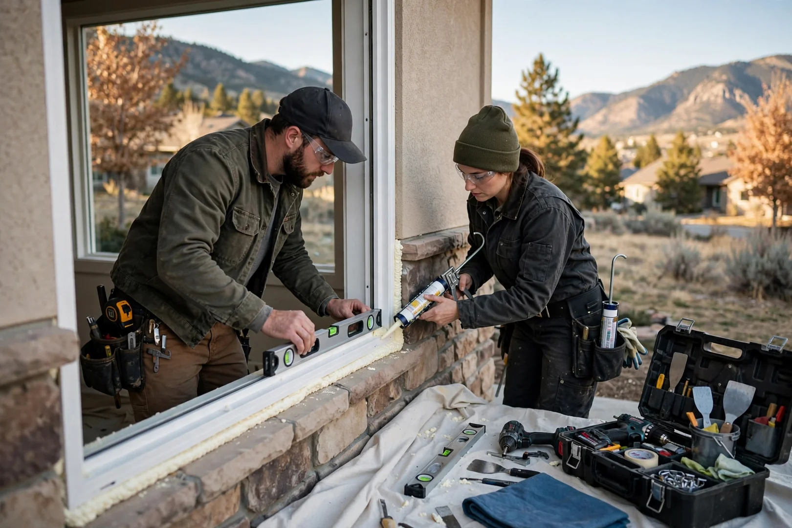 Technician measuring a double hung window opening inside a Sandy home before replacement