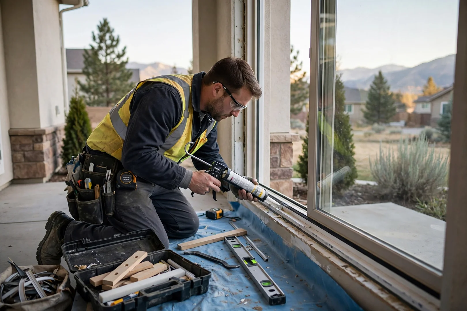Installer fitting a new double hung window sash into a prepared Sandy home opening