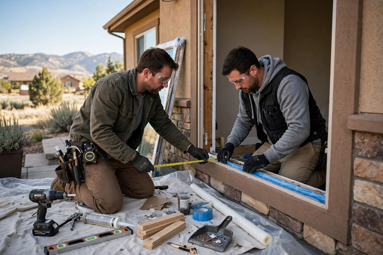 Installer shimming a new double hung window frame for level fit