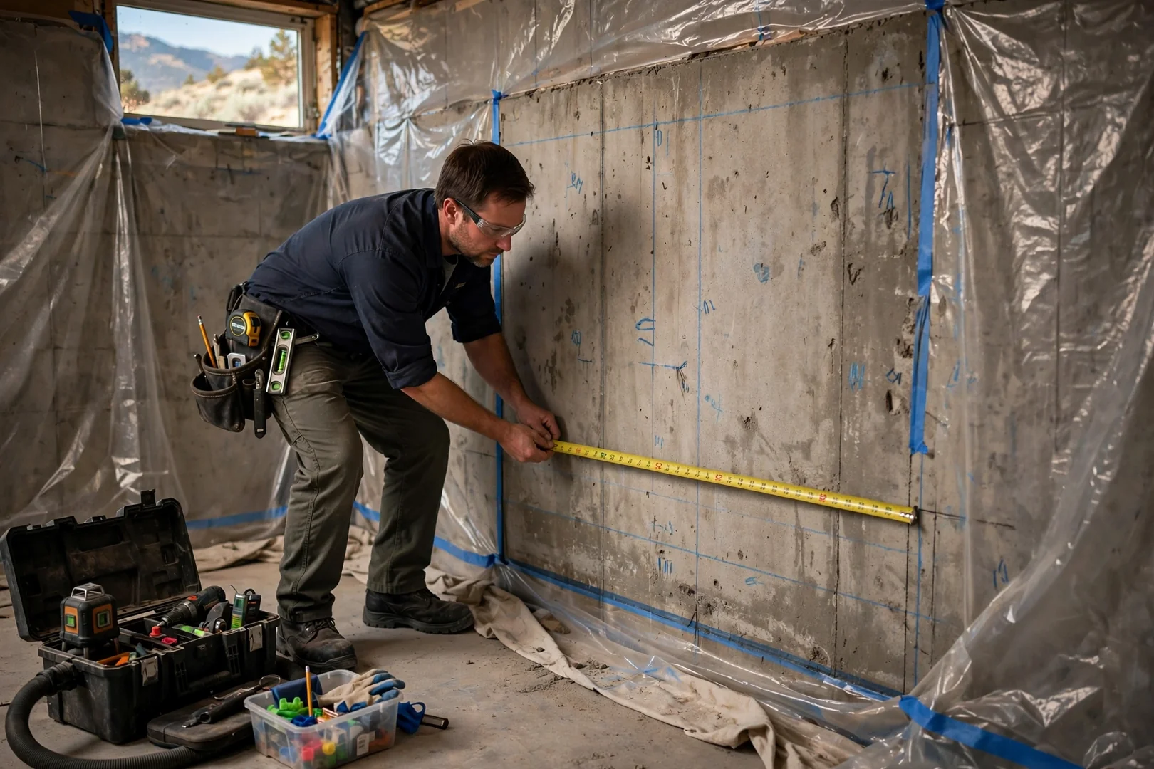 Technician measuring a basement foundation wall before egress window cutting in Sandy