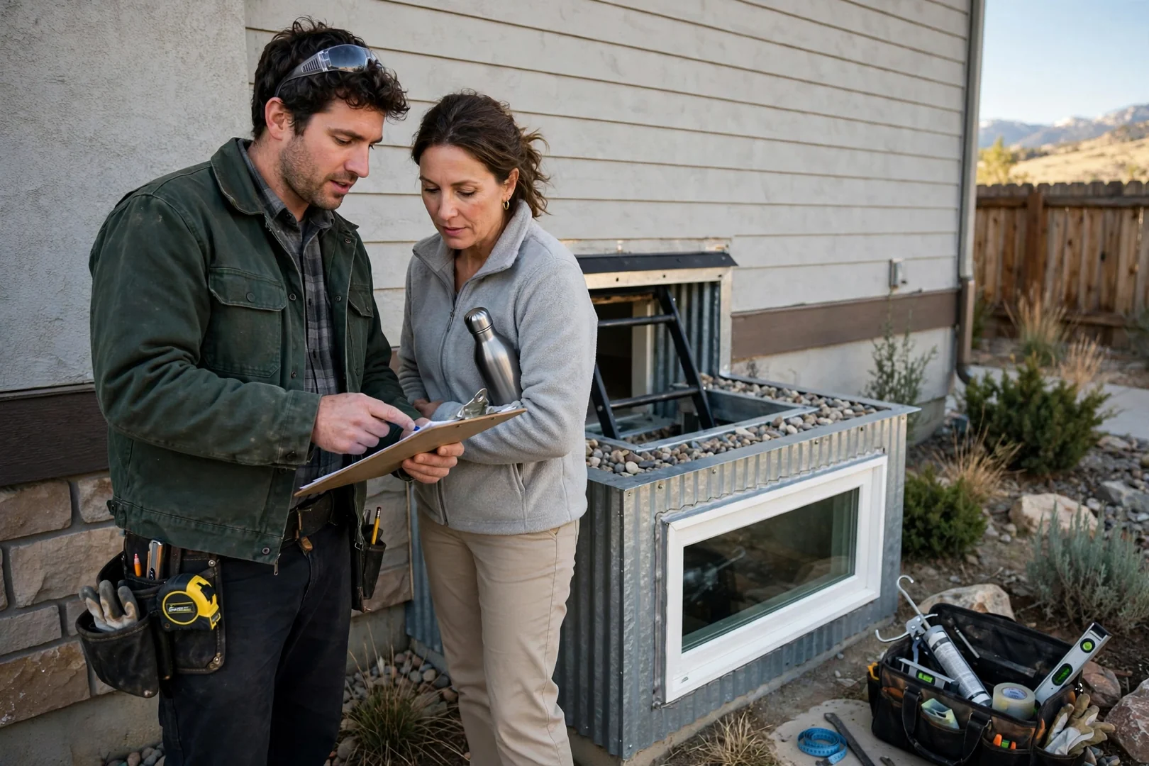 Written estimate paperwork reviewed with homeowner beside a finished egress window well