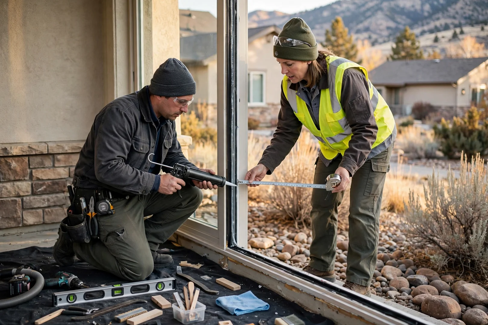 Technician measuring a basement egress window opening during a homeowner consultation in Sandy