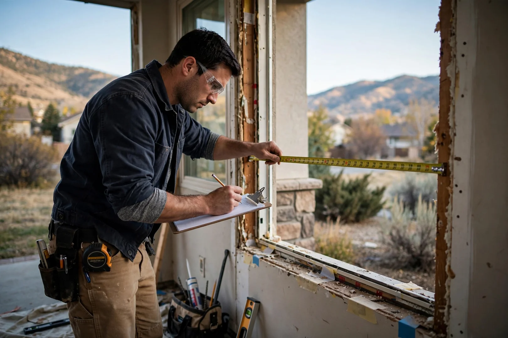 Technician measuring a window opening while preparing a written replacement estimate