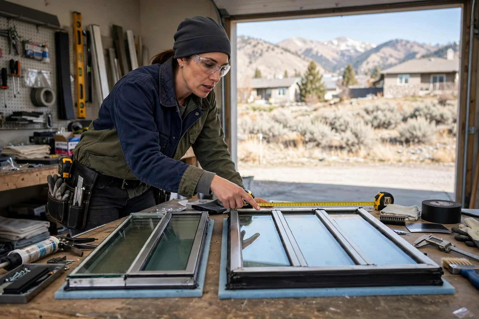 Comparison of double-pane and triple-pane insulated glass units on a workbench