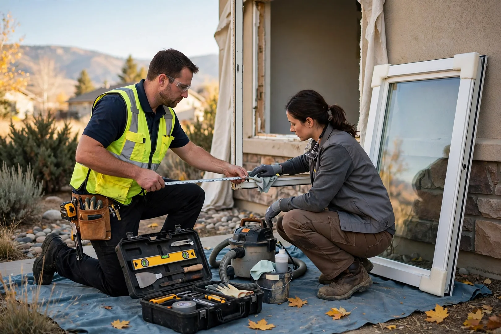 Installer measuring a window opening for energy efficient replacement in a Sandy home