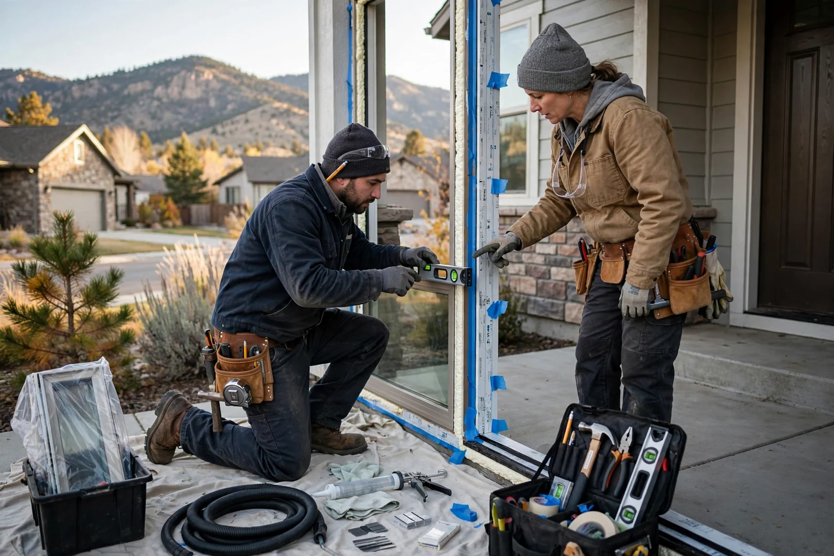 Installer shimming a new energy efficient window level in a Sandy home
