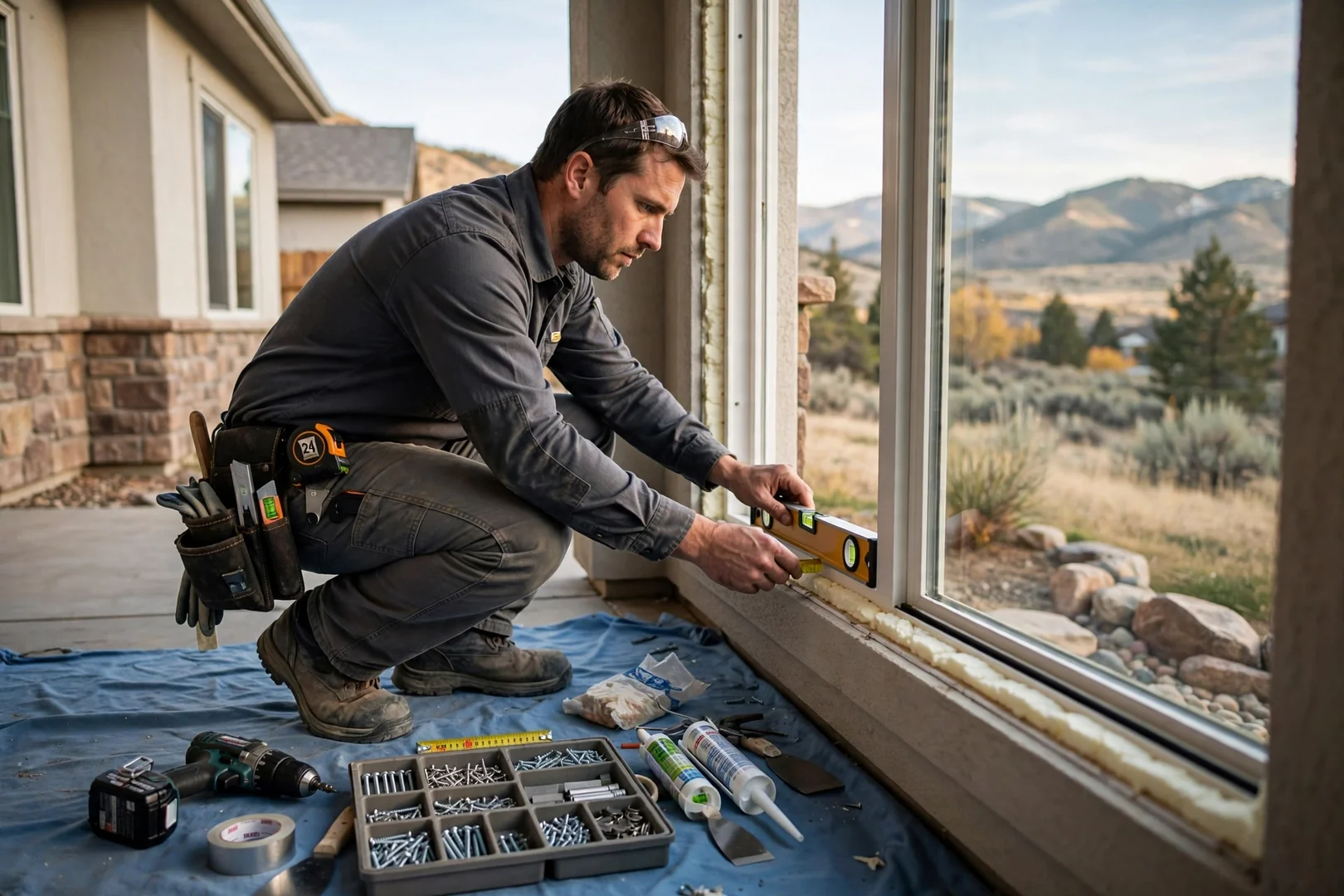 Technician checking sealant line on a new window frame