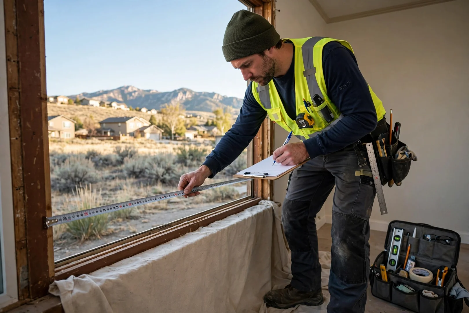 Technician measuring a fixed window opening while preparing a written replacement estimate