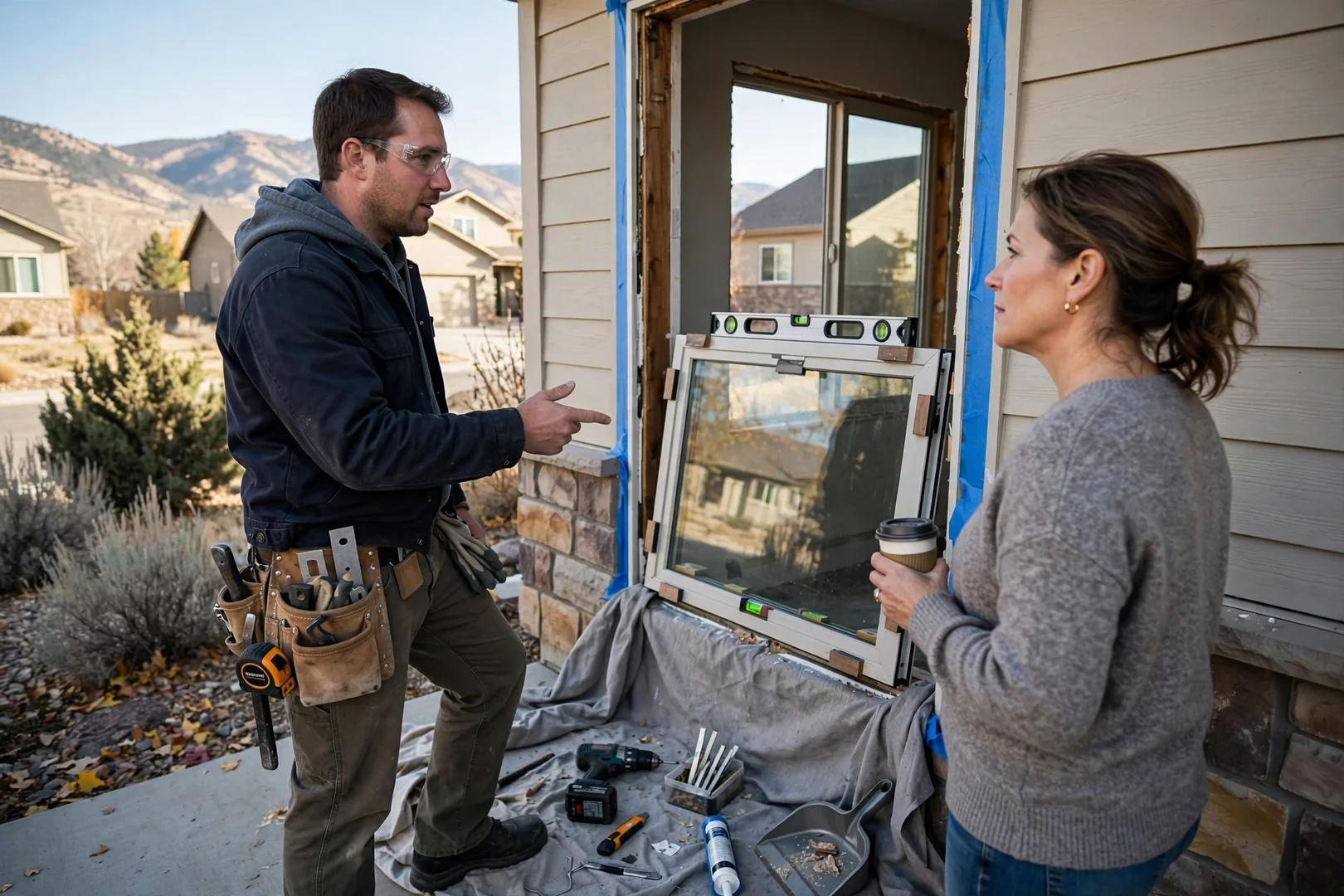 Large picture window framing a mountain view in a Sandy Utah living room
