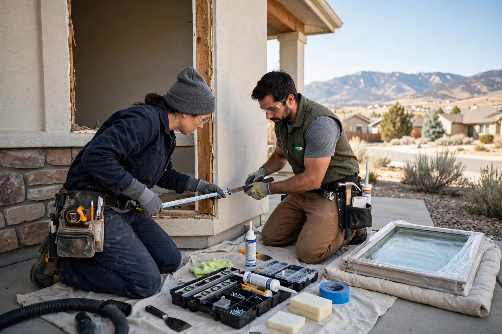 Installer setting a large fixed picture window unit into a prepared living room opening