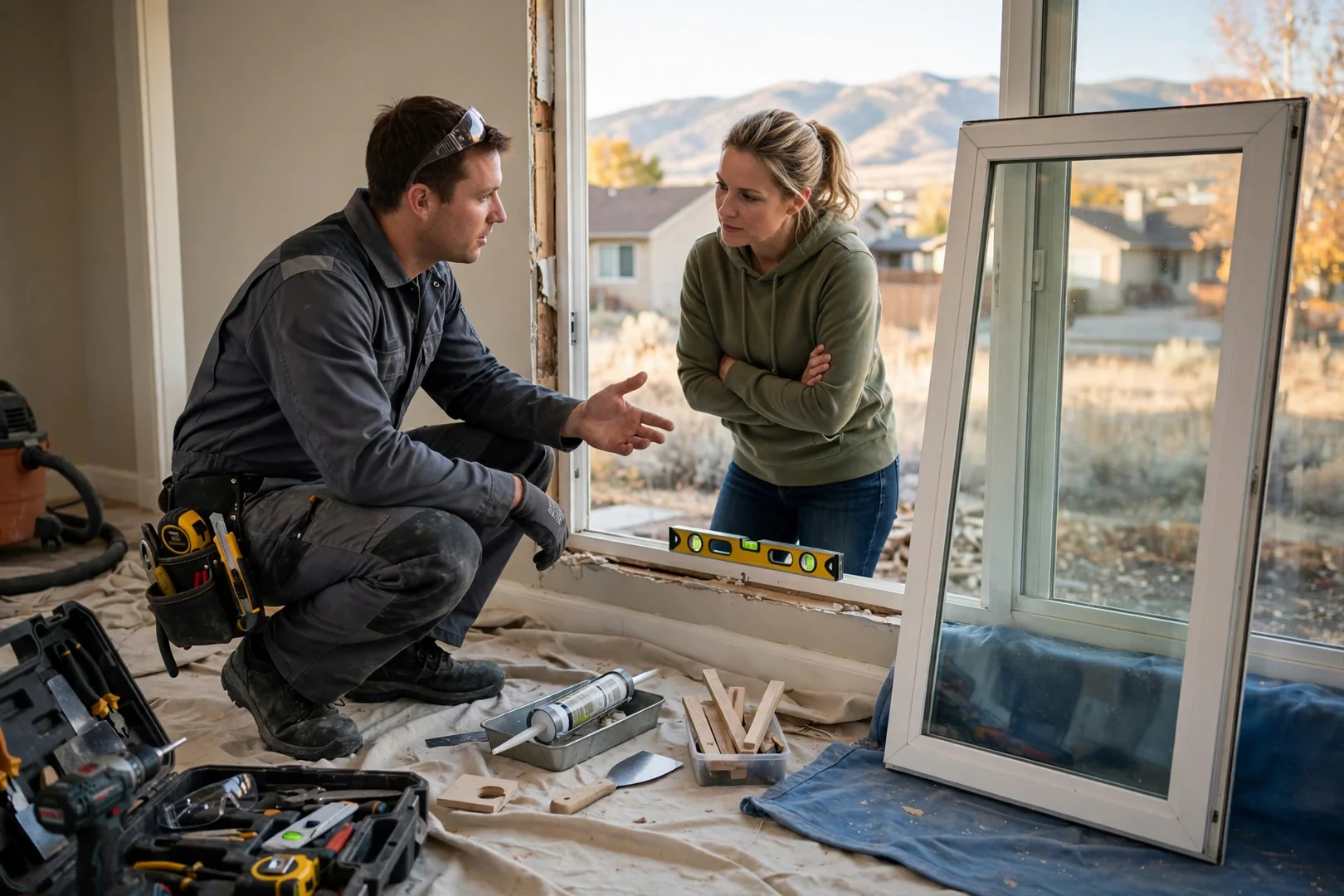 Installer setting a large picture window unit with suction lifting tools