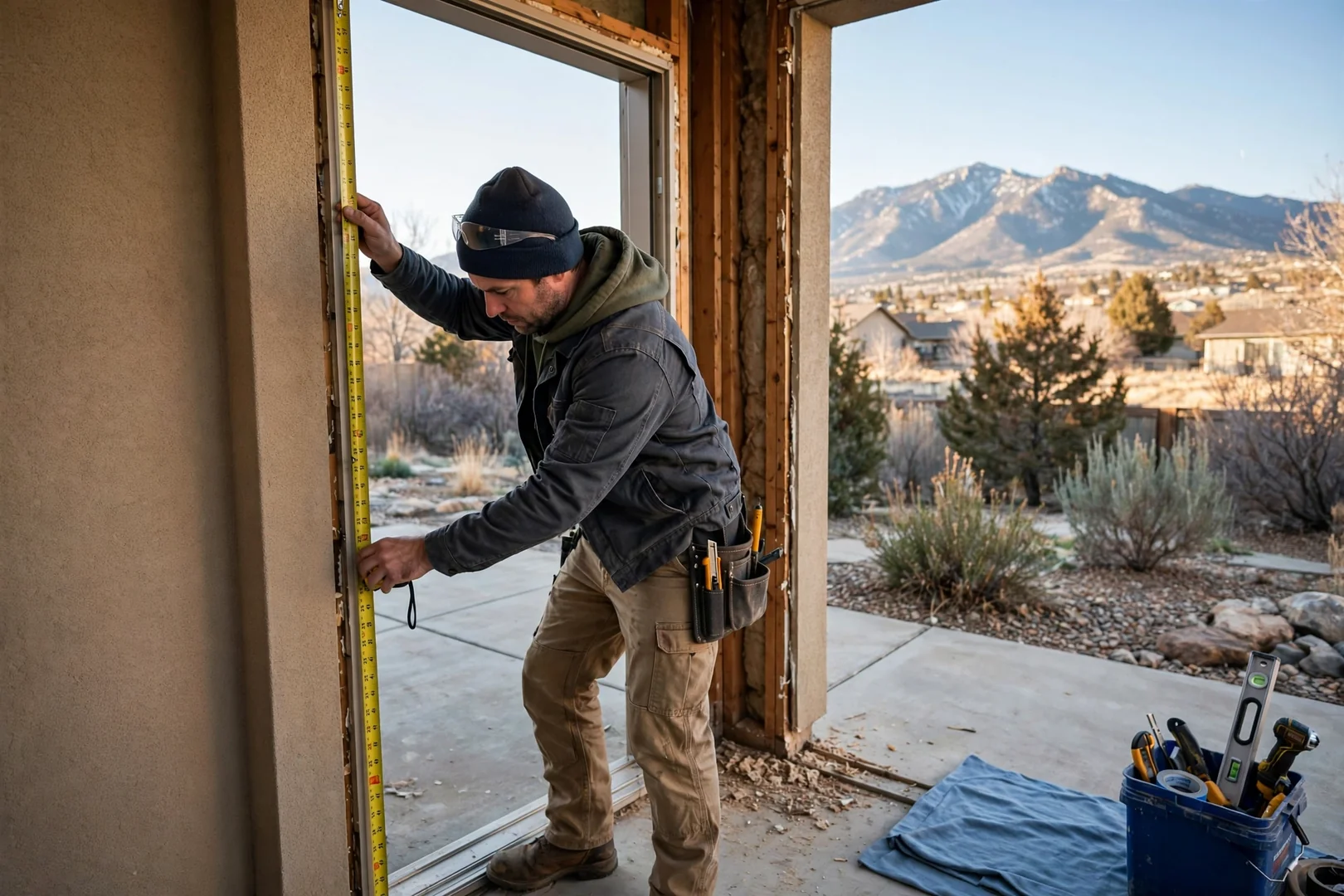 Technician measuring a patio door opening to prepare a written replacement estimate