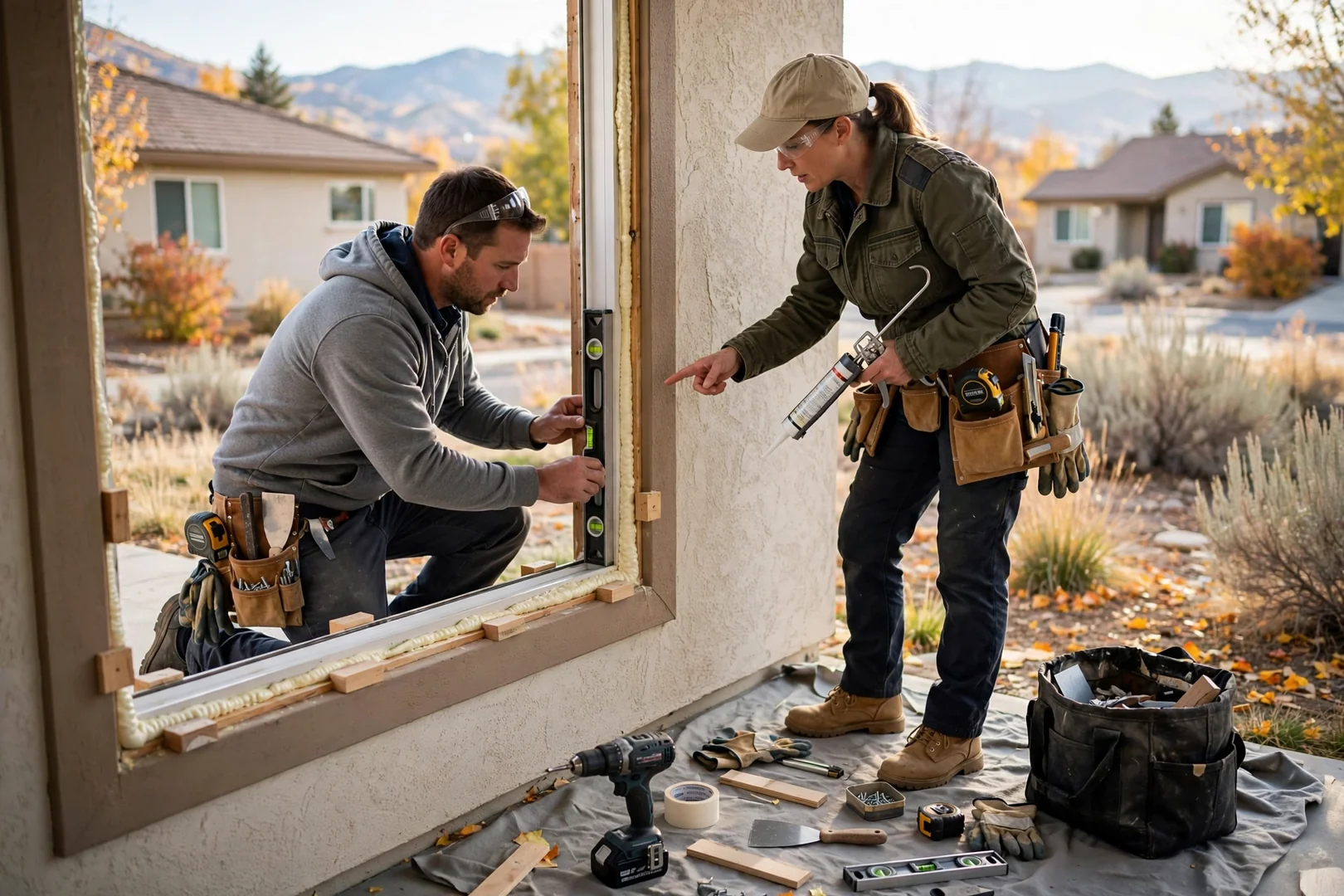 Installer measuring a sliding glass door opening at a Sandy home before replacement