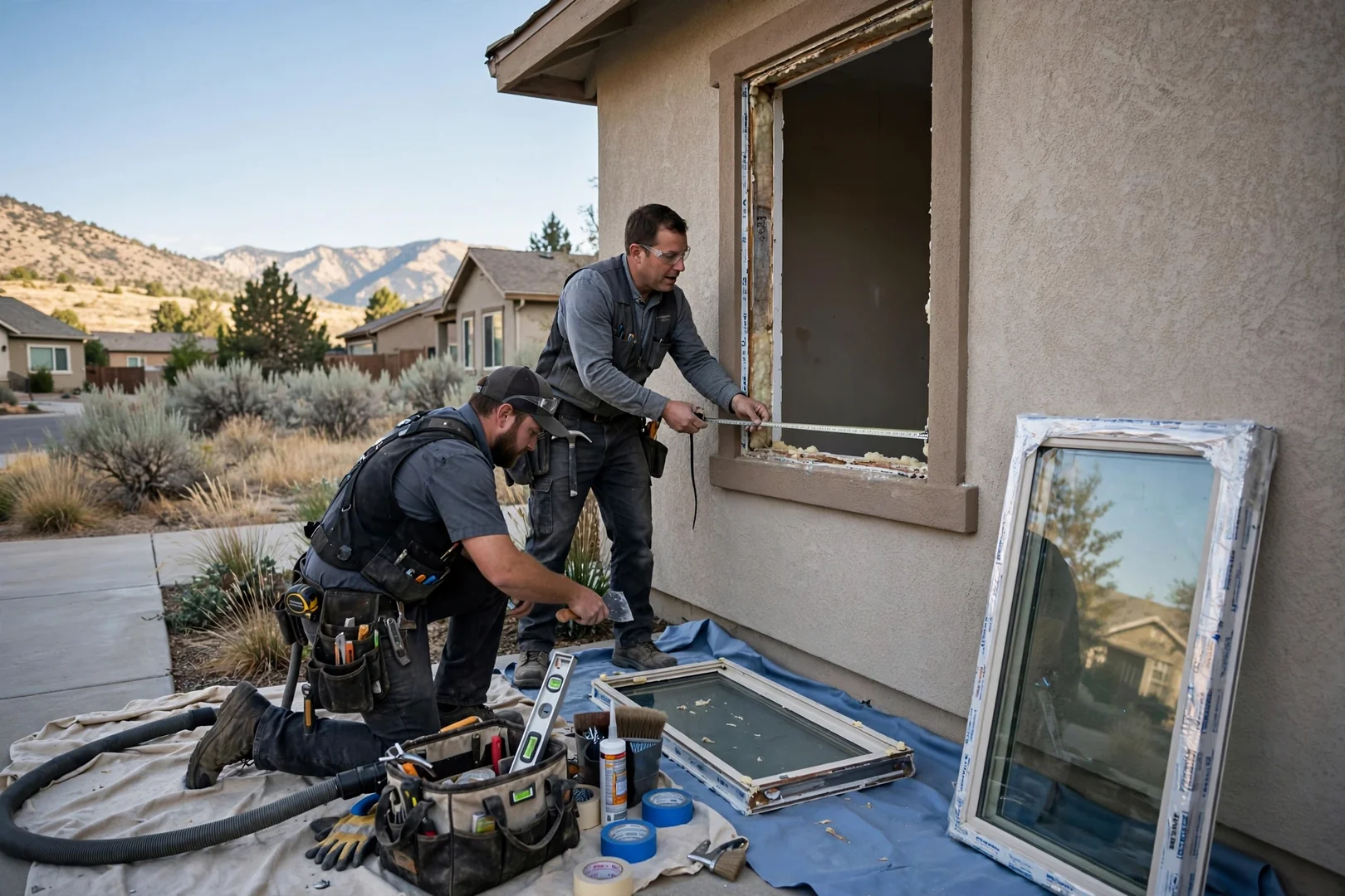 Installer setting a new sliding patio door panel into a leveled track in Sandy