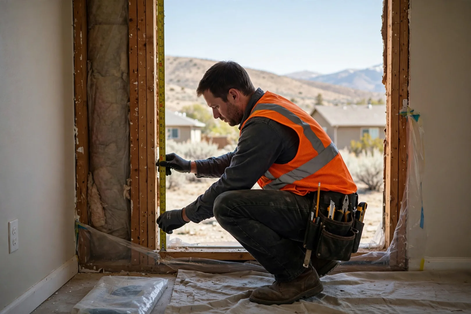 Estimator measuring a window opening with a tape rule inside a Sandy home