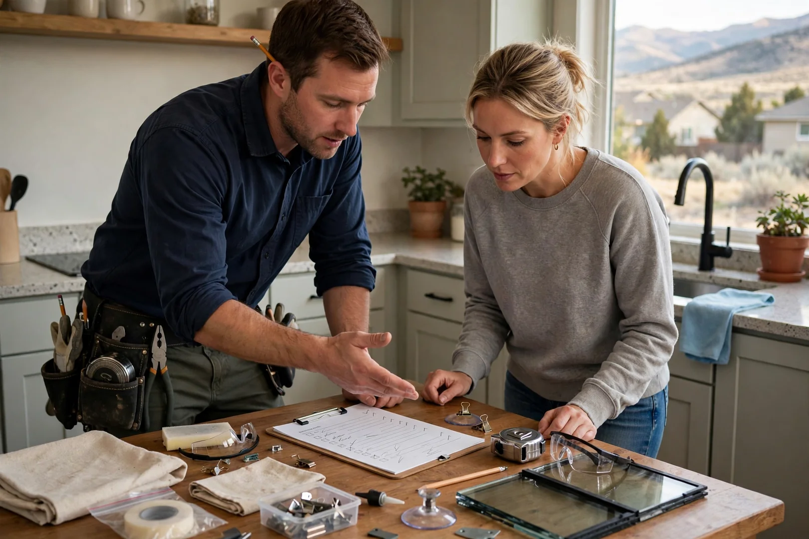 Written itemized estimate for insulated glass unit replacement on a kitchen table