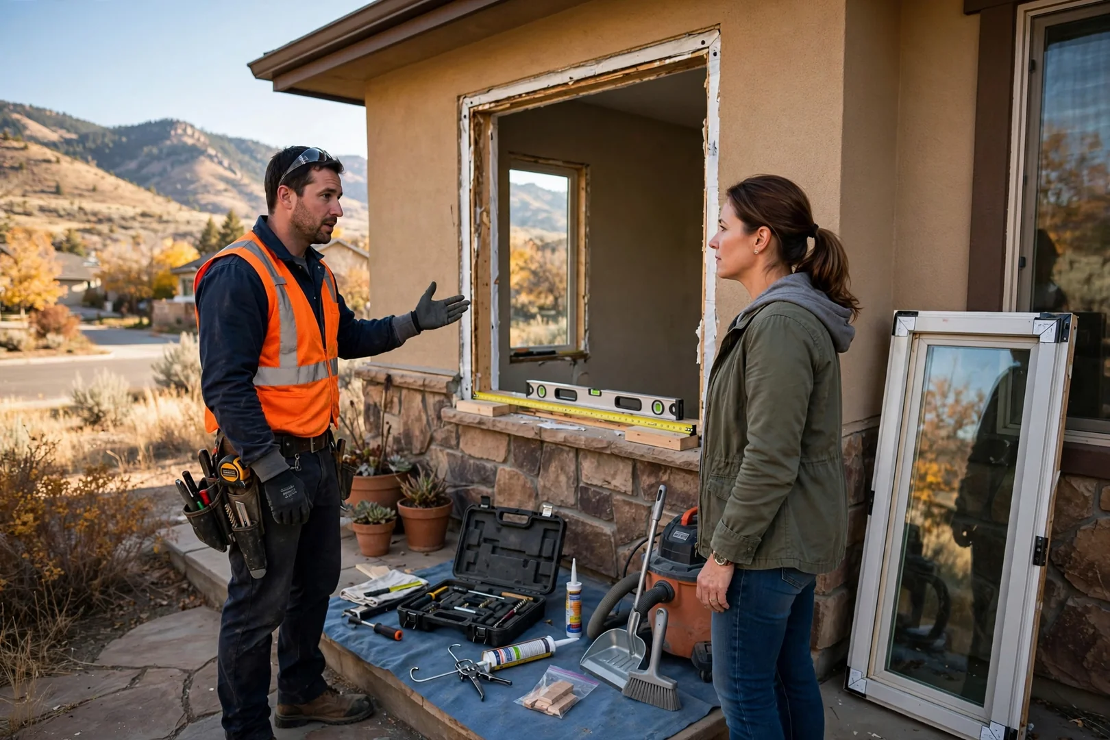 Technician measuring a window opening for insulated glass replacement at a Sandy home