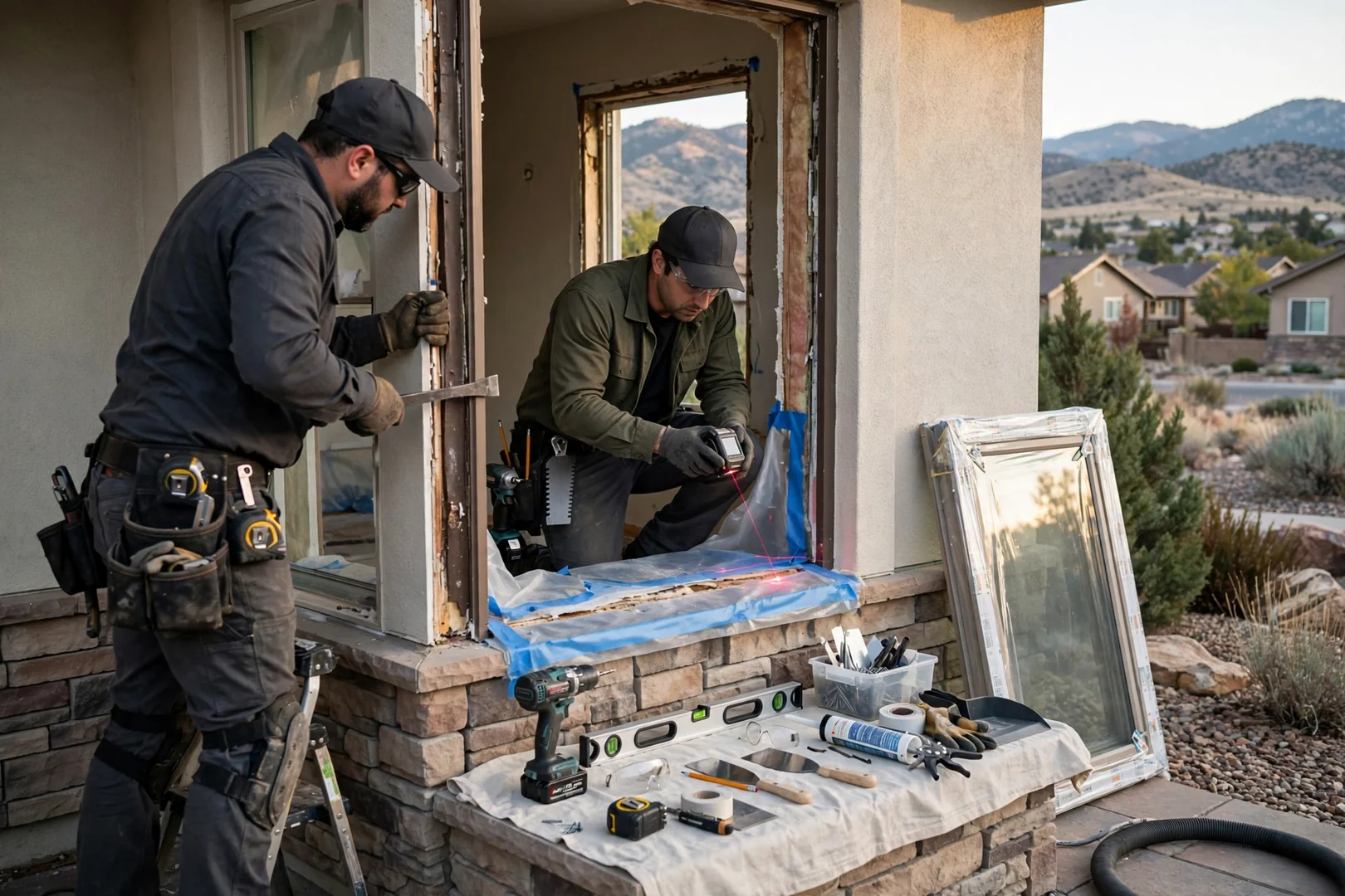 Technician setting a new insulated glass unit into a residential window sash