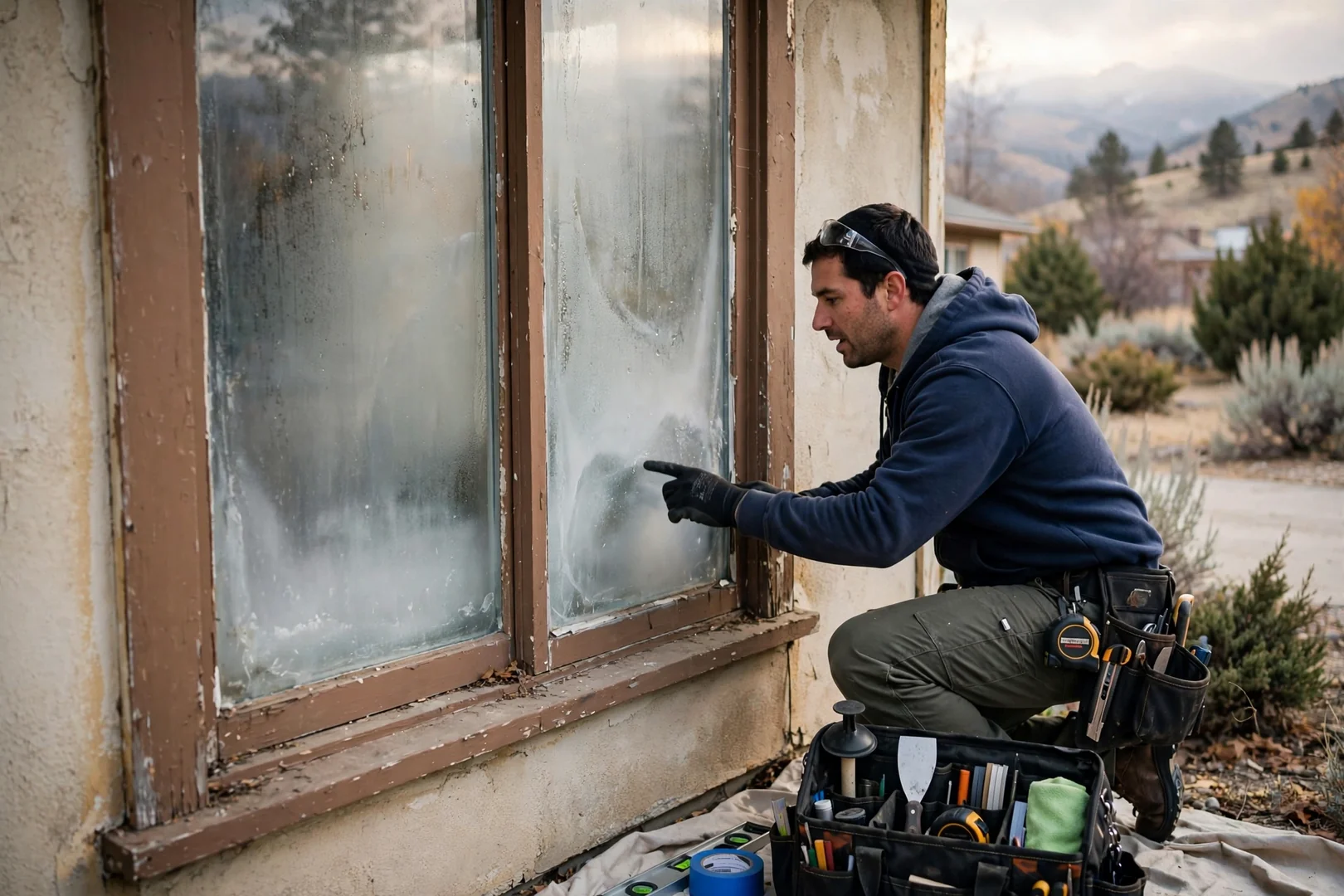 Foggy insulated glass unit showing seal failure in an older Sandy home window