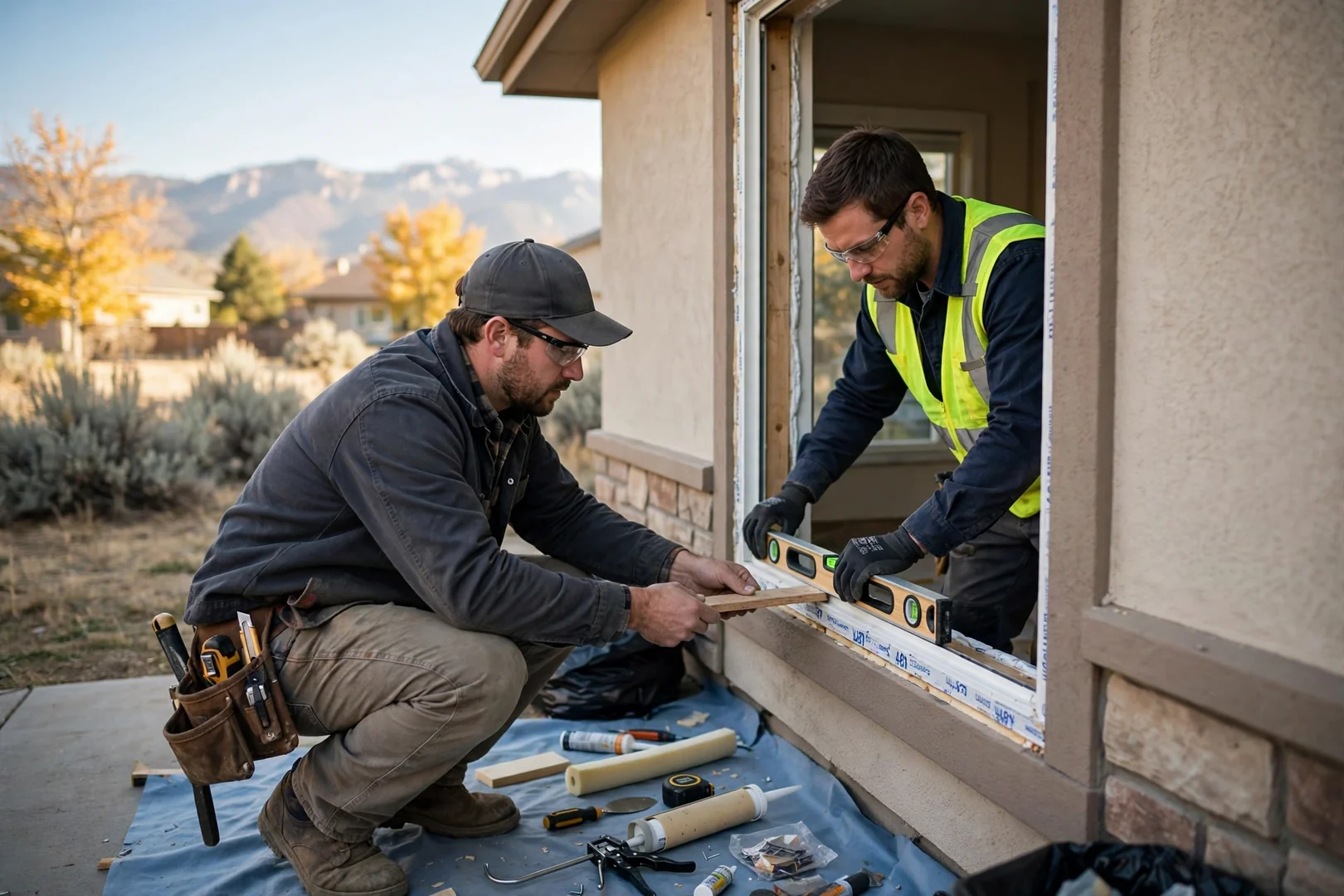 Technician measuring a damaged double hung window sash during a Sandy home repair visit