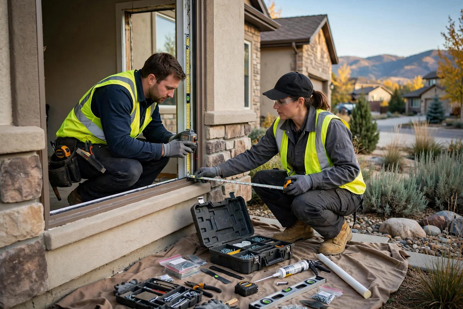Repair specialist adjusting casement hardware on a Sandy home window