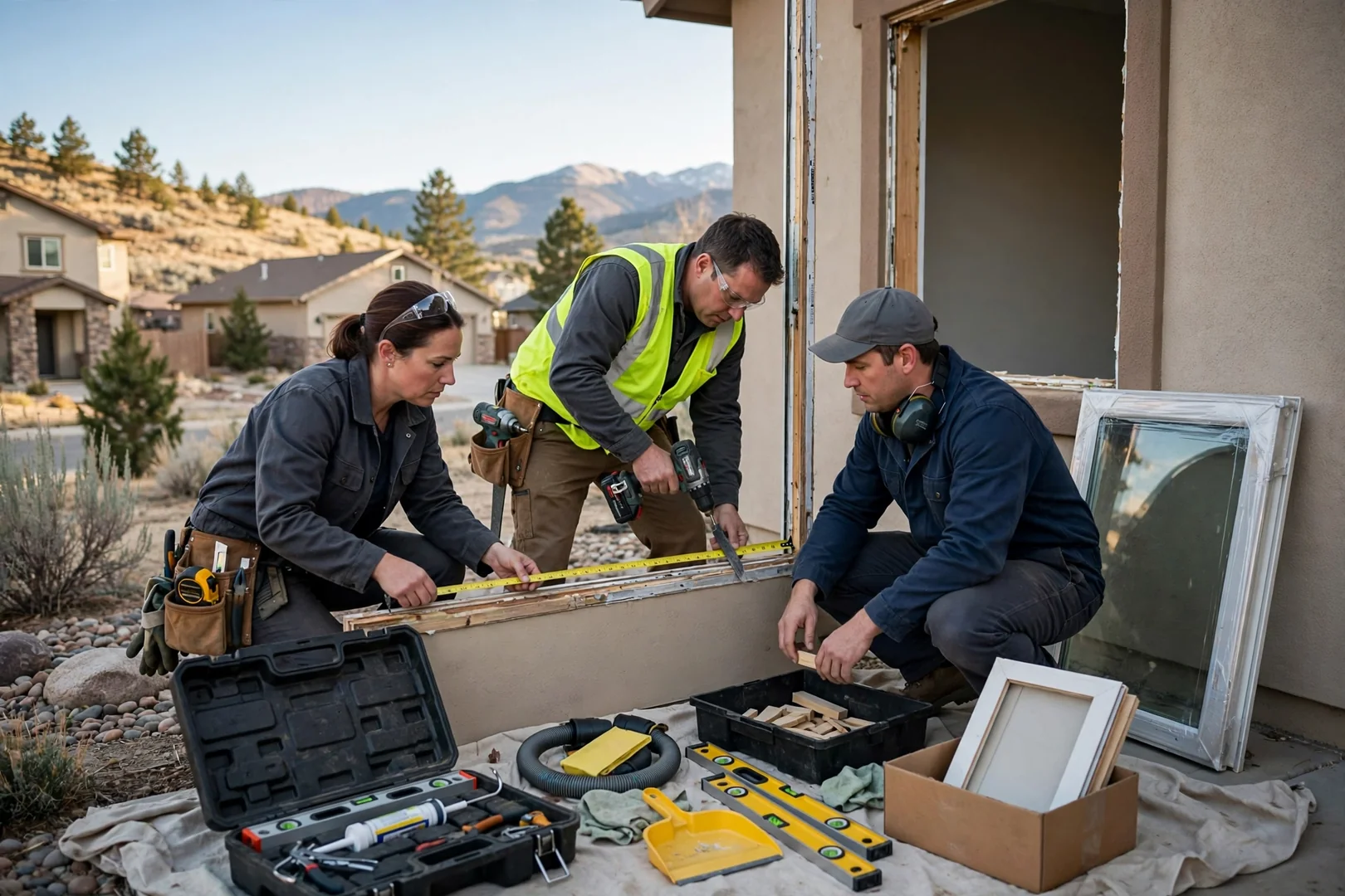 Installer checking a replacement window frame for level in a Sandy home