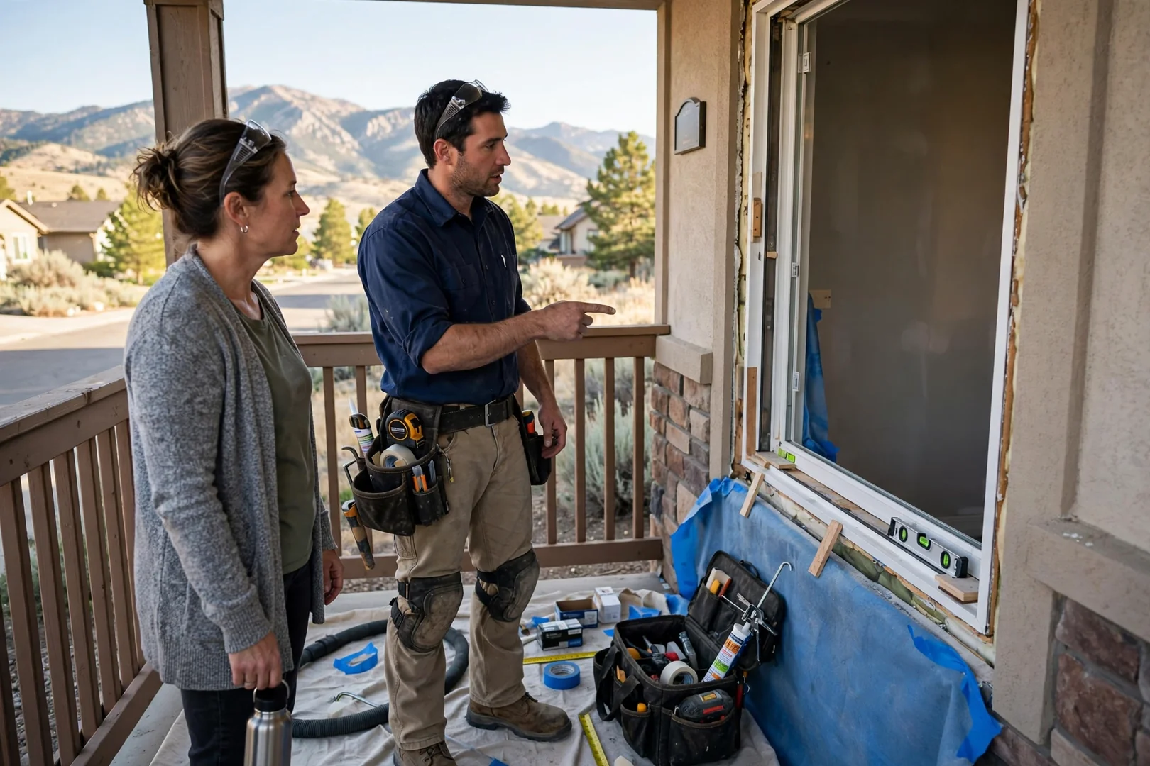 Homeowner and installer reviewing a finished double hung window during a post-job walkthrough in Sandy
