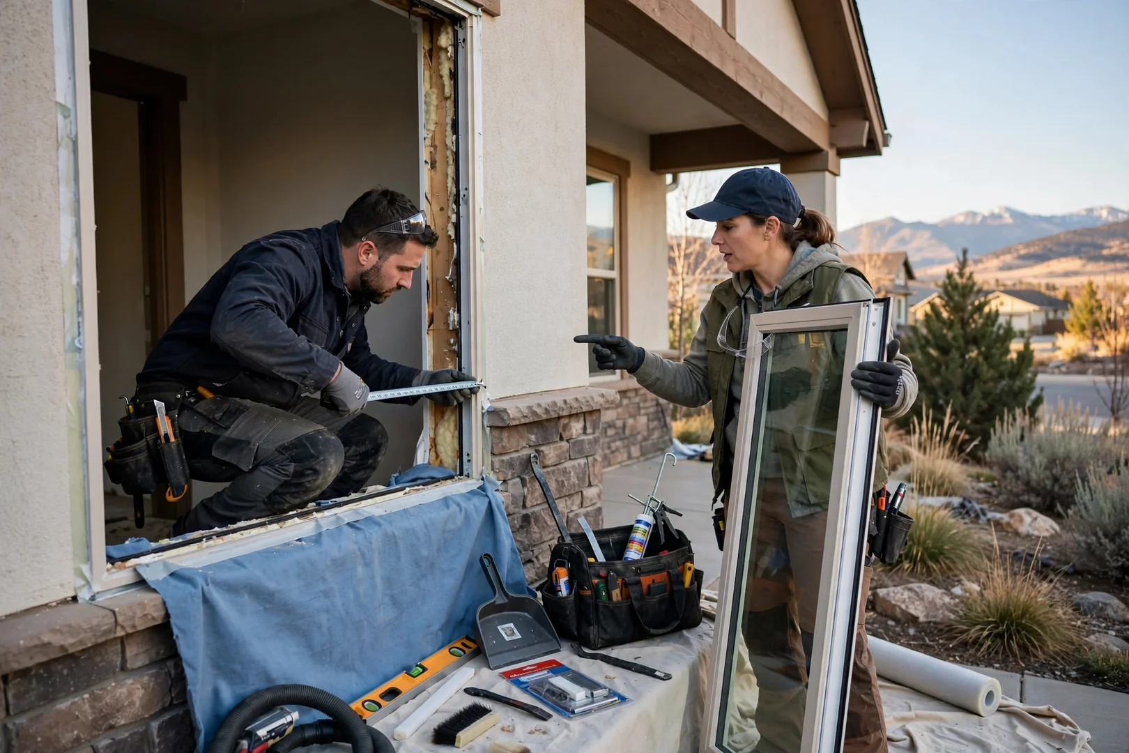Installer measuring a rough opening before fitting a replacement window in a Sandy home