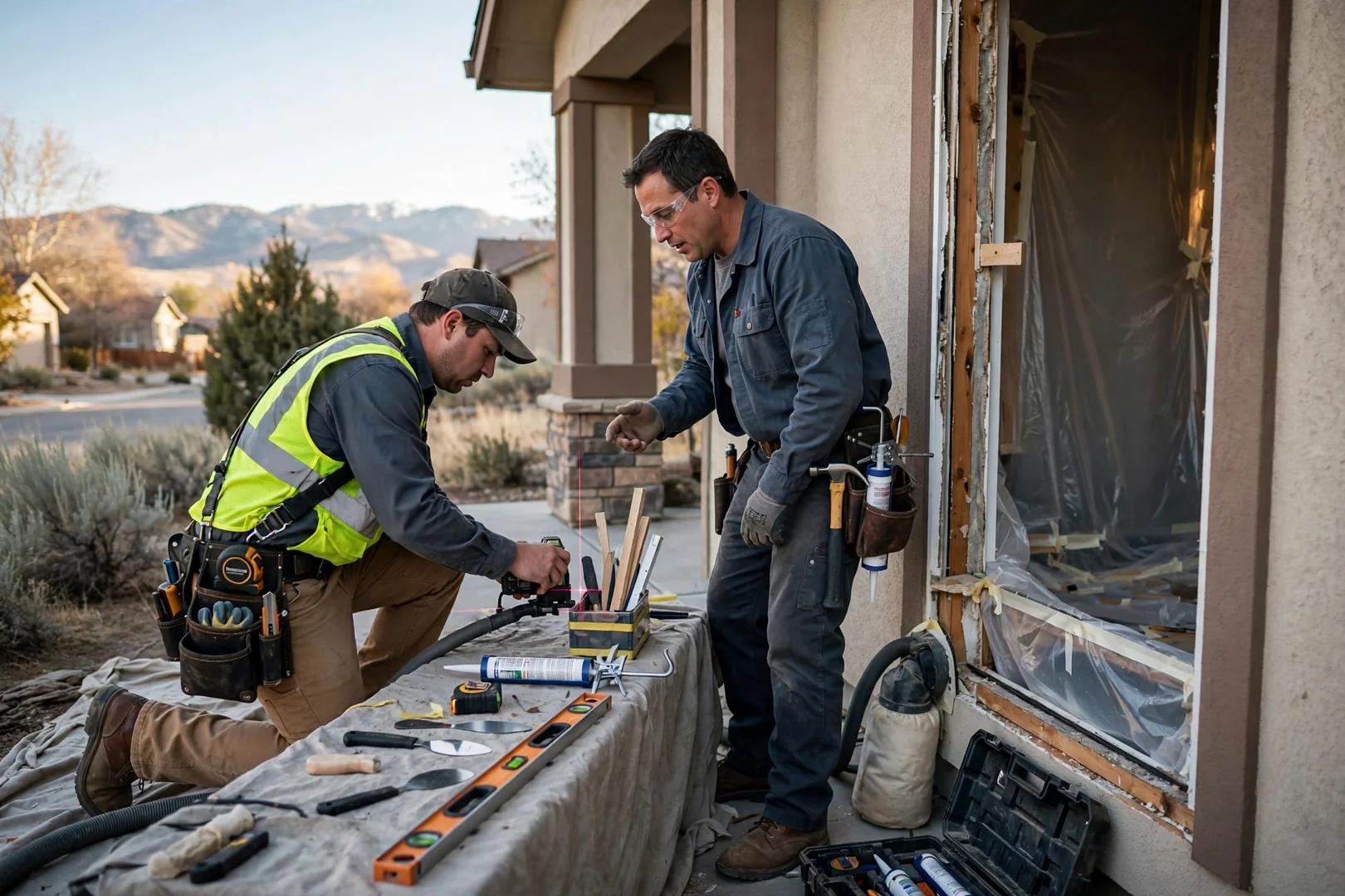 Installer measuring a Sandy home window opening