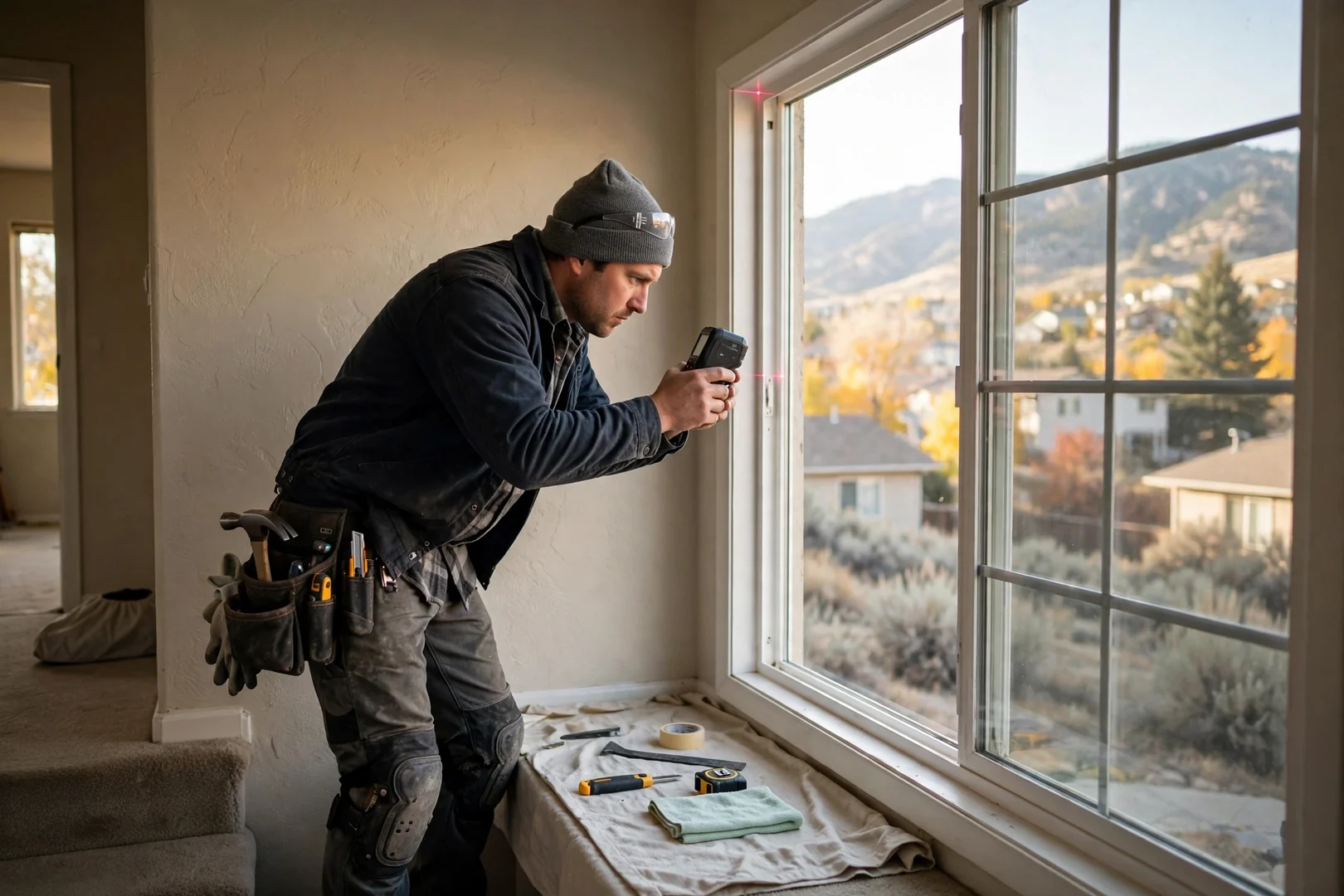 Digital laser measure recording window frame dimensions inside a Sandy split-level home