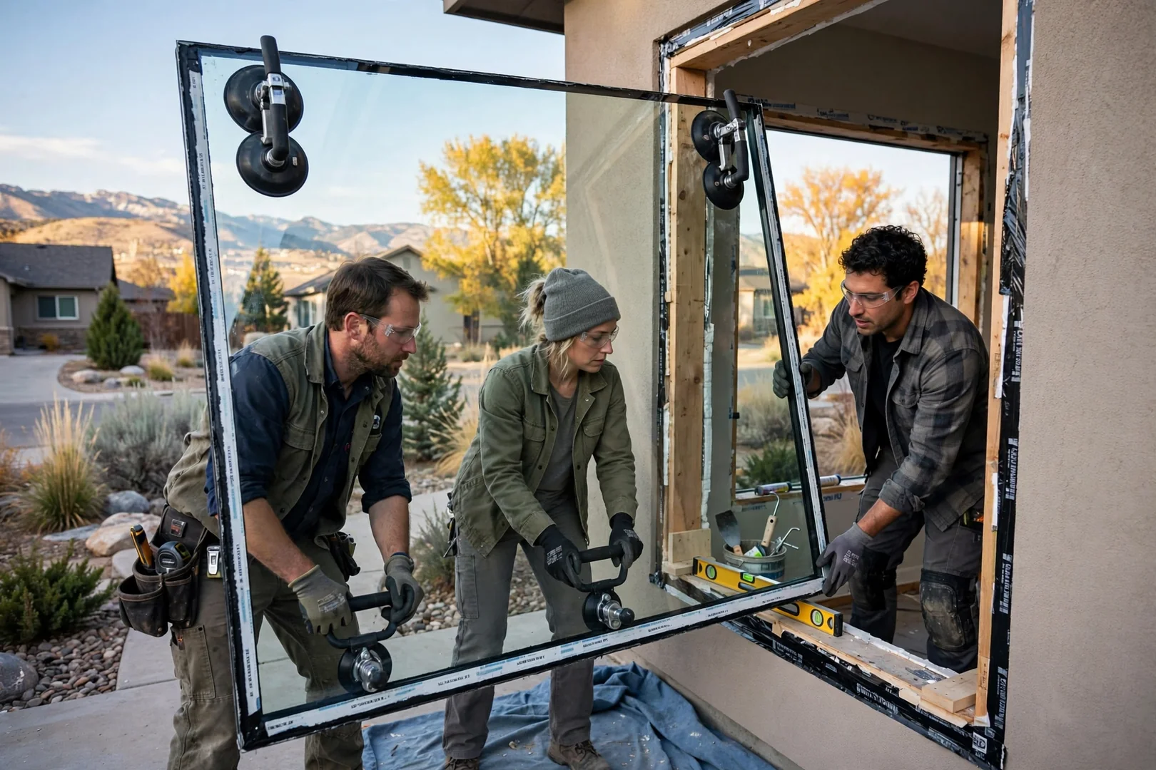 Suction glass lifters positioning an oversized insulated glass unit into a picture window opening
