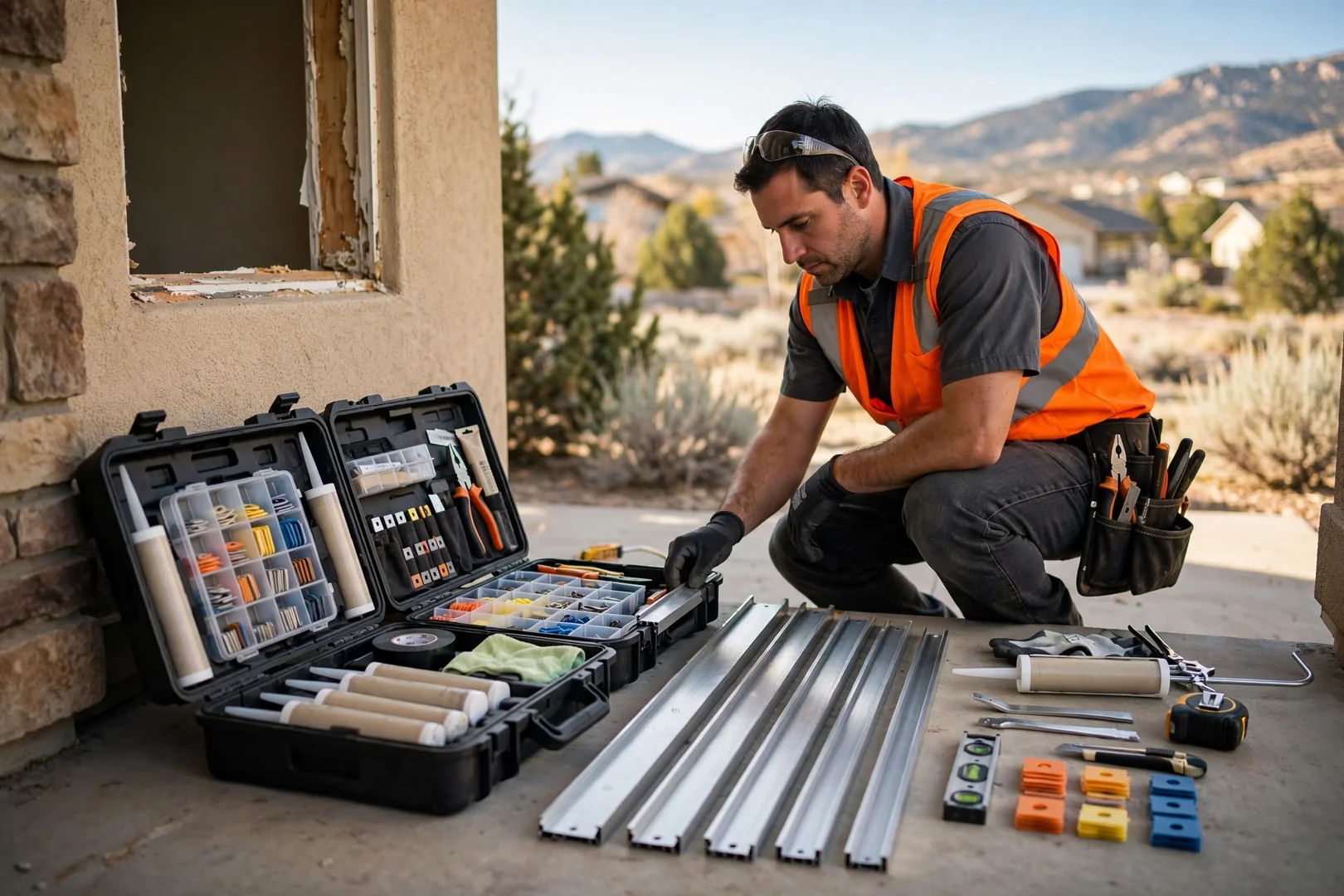 Organized field kit with shims, sealant, and sill pans staged for a scheduled installation
