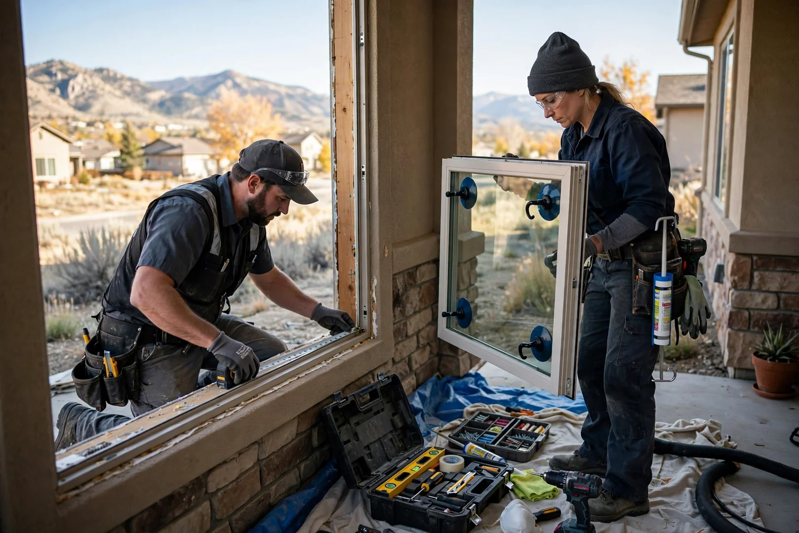 Installer shimming a new double hung window frame during a scheduled home visit