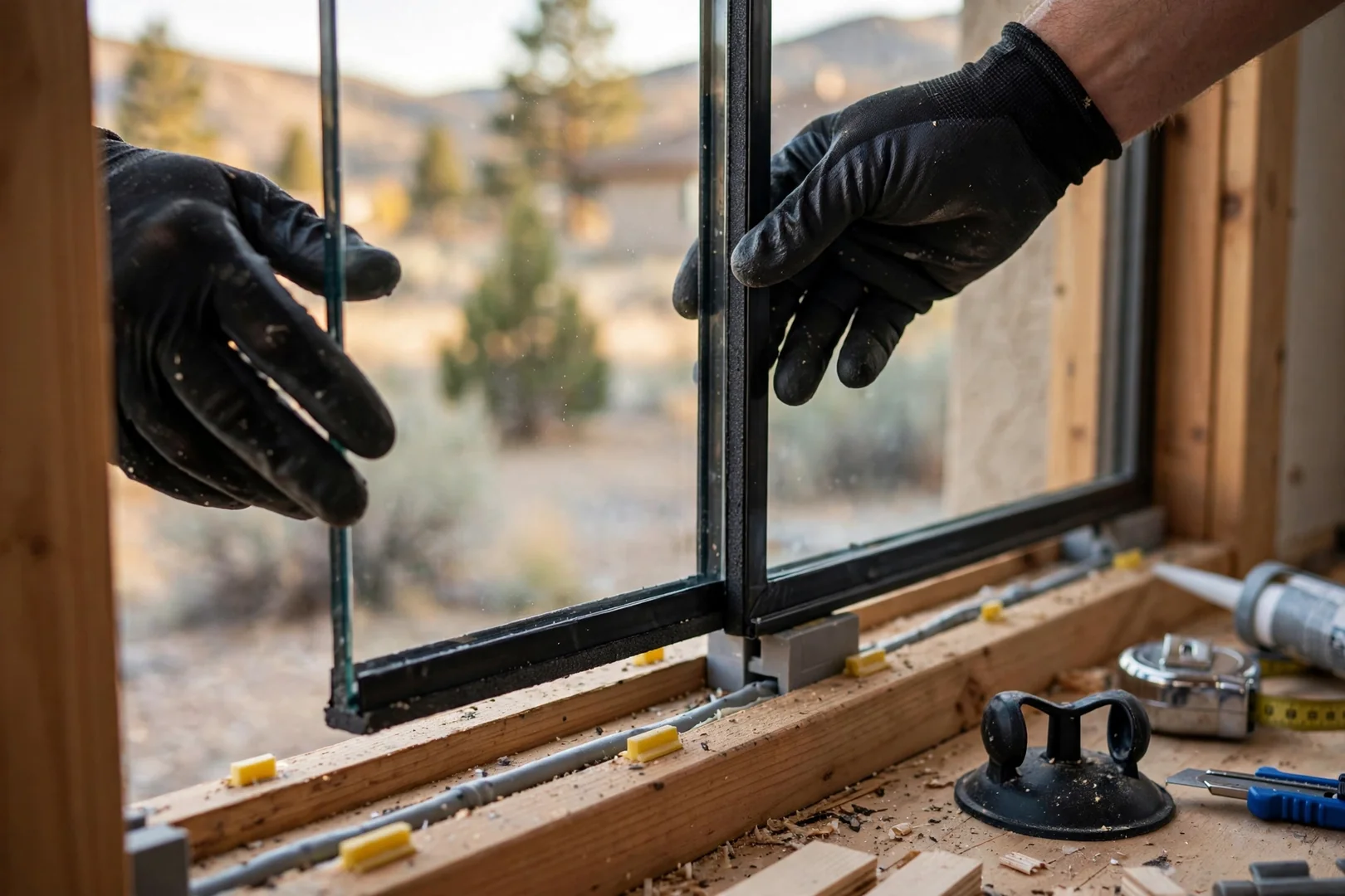 Close-up of gloved hands setting a new insulated glass unit into a wood frame