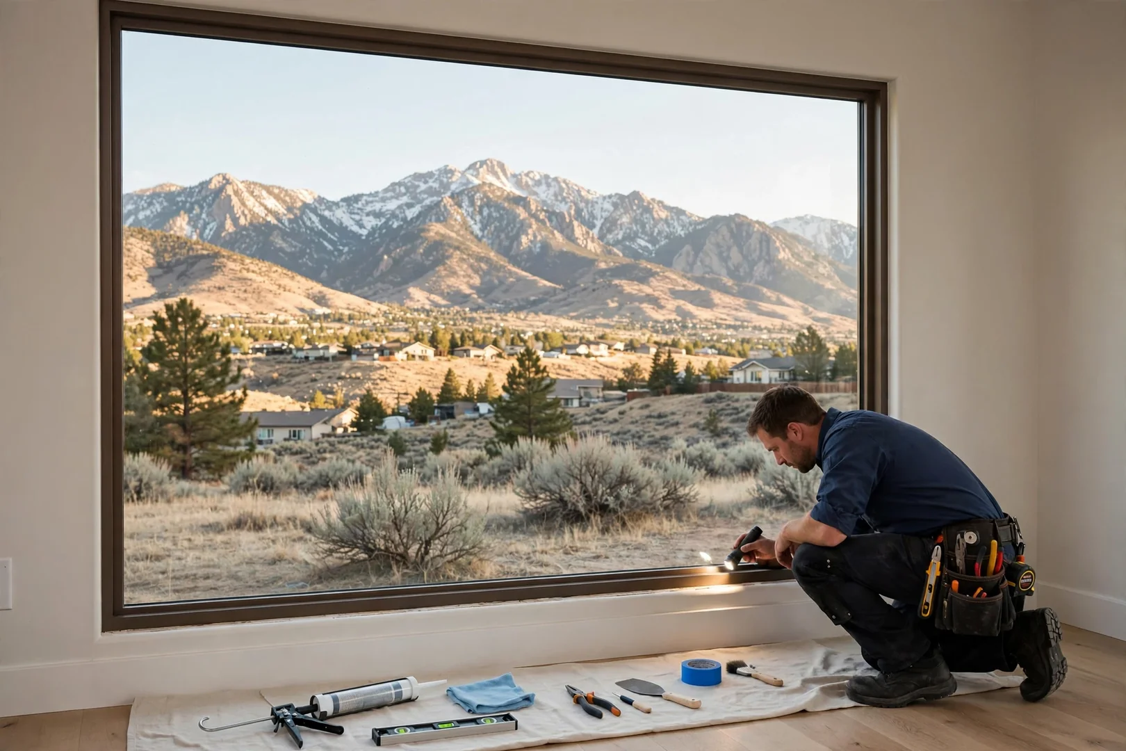 Finished picture window framed by trim with mountain views beyond the glass